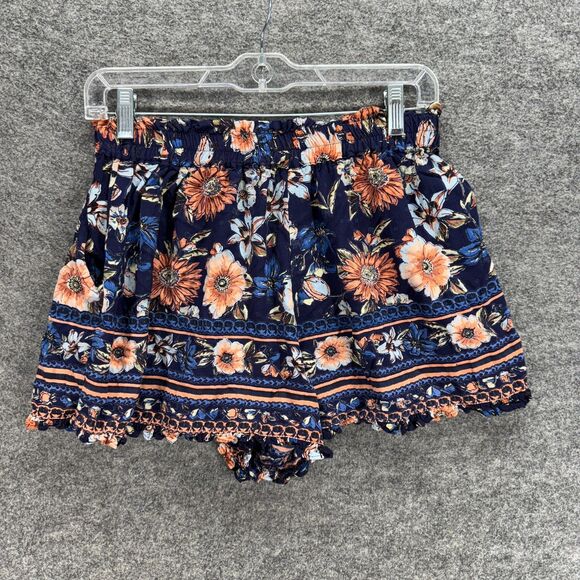 Angie Shorts Women L Large Blue Floral Chino Pull On Elastic Waist Mid Rise - Picture 2 of 7